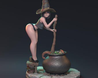 Sexy Sorceress Female Witch Miniature with Boiling Cauldron, detailed scene NPC | 32mm 75mm | DnD Miniature Dungeons and Dragons DnD 5e