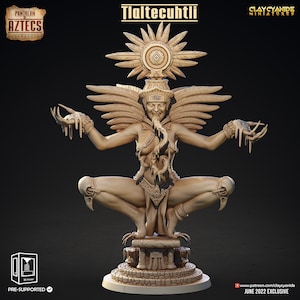May include: A 3D printed miniature of Tlaltecuhtli, a deity from the Aztec pantheon. The figure is depicted as a female with a serpent wrapped around her body, and she is wearing a headdress with a sun symbol. The figure is posed in a squatting position with her arms outstretched.