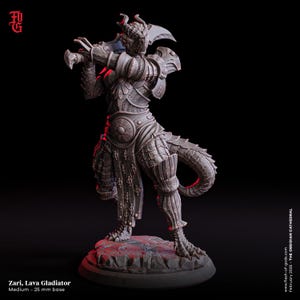 May include: A detailed miniature figurine of a lava gladiator, a humanoid figure with a reptilian tail and horns, wearing armor and wielding a sword. The figurine is painted in shades of gray and brown, and stands on a rocky base.