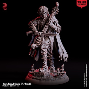 May include: A detailed figurine of a character holding a stringed instrument. The figure is dressed in tattered clothing and a long coat. The base has candles and a 25 mm base. The text on the image says "Rowadeen, Psionic Wordsmith" and "75 MM AVAILABLE".