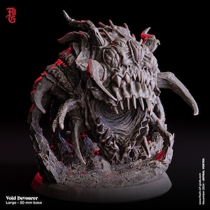 May include: A detailed, gray, 3D printed miniature of a monstrous creature with a large, open mouth full of sharp teeth. The creature has multiple horns and a textured, scaly body. The miniature is set on a rocky base.