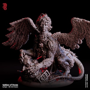 May include: A dark-toned Sphinx of Doom miniature figure featuring large feathered wings, a human-like face, and a muscular, textured body. The creature rests on a 50 mm base, with an eye emblem on its chest and intricate details throughout.