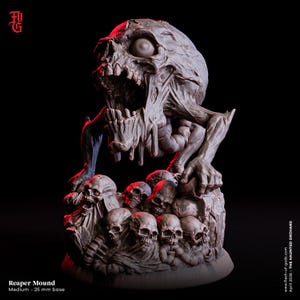 May include: A detailed, gray Reaper Mound sculpture with a 25 mm base. The sculpture features a large skull with an open mouth, dripping material, and a pile of smaller skulls. The text "Reaper Mound" is visible.