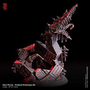May include: A dark gray, serpentine creature figurine with a geometric, block-like body and a jagged, open-mouthed head. The figure features red glowing accents and sits on a circular 50 mm base. Text on the image reads Dice-Wyrm - Printed Prototype 03.