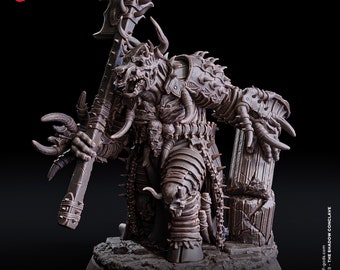 May include: A detailed miniature of an Archdevil Malakar, a monstrous figure with horns, claws, and a spiked axe. The miniature is painted in a dark brown color and stands on a 75 mm base.