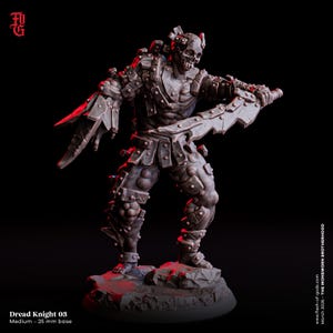 May include: A Dread Knight 03 miniature figure, posed on a rocky base. The figure is clad in detailed armor and holds two large, jagged blades. The figure has a skeletal head and a medium 25 mm base. The background is black.