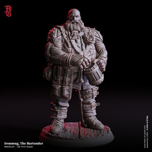 May include: A detailed miniature figurine of a bearded, muscular man holding a large mug. He is wearing a long coat with a flower on his chest and has a belt with many buckles. The figurine is standing on a wooden base.