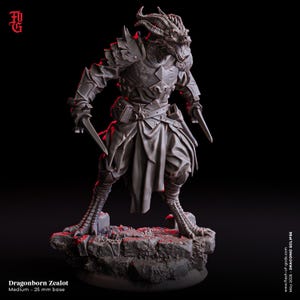 Dragonborn Zealot Miniature Draconian Rogue Figurine | 32mm Scale 75mm Scale | Dungeons and Dragons DnD 5e Dungeon Master Campaign Miniature