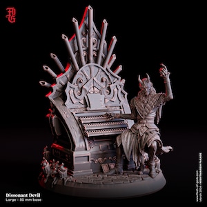 May include: A gray, detailed miniature of a devil playing a pipe organ. The devil is sitting on a throne-like organ with a large, ornate pipe system. The miniature is set on a 50 mm base.
