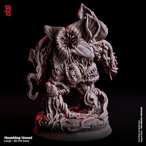 May include: A detailed, 3D printed miniature of a monstrous, fleshy creature with multiple mouths and tentacles. The creature is standing on a round base and is painted in shades of brown and gray. The miniature is labeled "Shambling Mound" and "Large - 50 mm base".