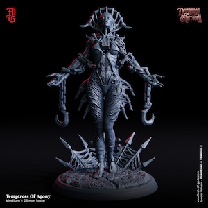 May include: A gray, detailed miniature figurine of a female figure with chains and hooks, standing on a circular base. The figure is wearing a tattered outfit and has a crown of thorns. The text "Temptress Of Agony" and "Medium - 25 mm base" is printed below the figure.