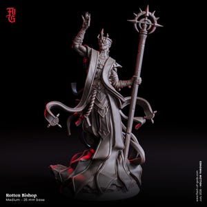 May include: A detailed, gray figurine of a Rotten Bishop, holding a staff with a starburst design. The figure is adorned with a crown, skull accents, and flowing robes. The base is 25 mm. Text on the image reads "Rotten Bishop" and "July 2025 - Hollow Thrones."
