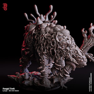 May include: A detailed, gray-toned miniature sculpture of a Fungal Tusk creature. The creature has a textured, decaying appearance with mushroom-like growths. The base is 50 mm. The image includes the text "Fungal Tusk" and "www.flesh-of-gods.com".