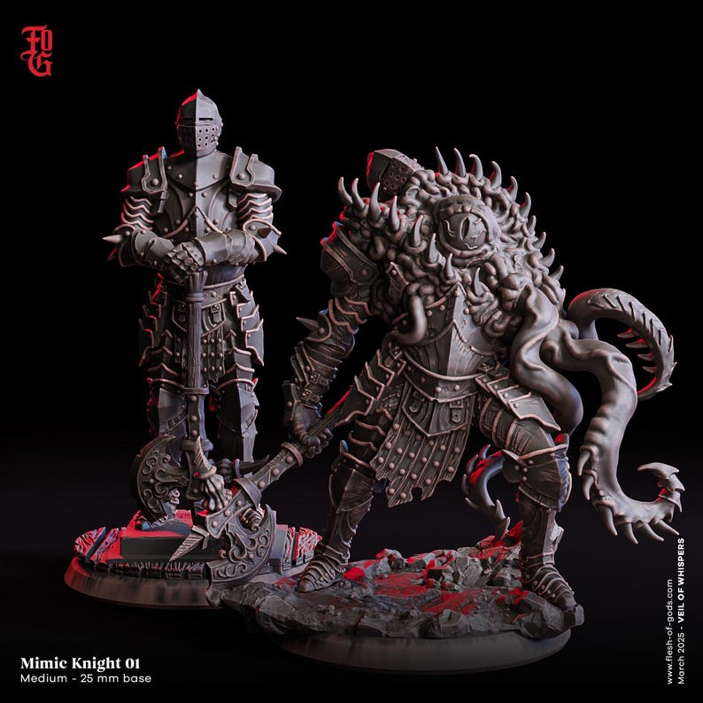 May include: A 3D printed miniature of a mimic knight, a creature that can disguise itself as a knight. The mimic knight is holding a large axe and has a grotesque, tentacled head with a single eye. The miniature is painted in a dark grey color and is standing on a 25 mm base.