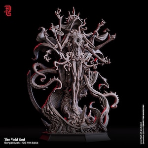 May include: A detailed, gray, resin sculpture of a multi-armed, hooded figure with tentacles. The figure is standing on a base and has a crown on its head. The Void God. Gargantuan - 125 mm base.
