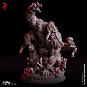 May include: A detailed, painted miniature of a large, chained, brown gorilla with a tusk-like horn on its upper lip. The gorilla is in a rage, with its mouth open and its arms raised. The miniature is set on a 50 mm base.