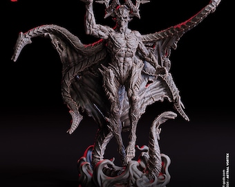 May include: A detailed, grey figurine of a skeletal humanoid figure with large, bat-like wings and a crown. The figure stands on a base with swirling, wave-like details. The text "Cosmic Lich" and "Medium - 25 mm base" are visible.