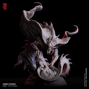 May include: A detailed, gray, sculpted figure of a cloaked creature with wings and a long tail. The creature is standing on a rock base. The figure is 75 mm tall and is part of the "Veil of Whispers" collection.