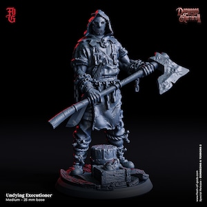 May include: A gray plastic miniature figure of a hooded figure holding an axe. The figure is standing on a base with a book and a skull. The figure is wearing a mask with a toothy grin. The text "Undying Executioner" is below the figure.