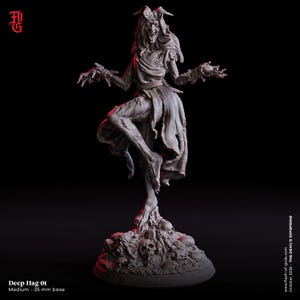 May include: A detailed, gray Deep Hag 01 figurine, standing on a base of skulls and bones. The figure has horns, tattered clothing, and outstretched arms. The base is 25 mm. Text on the image includes "Deep Hag 01" and "October 2025 - THE DEVIL'S OFFSPRING."