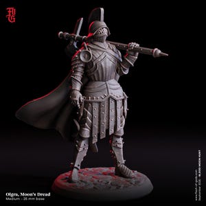 May include: A detailed figurine of a knight in full armor, holding a polearm over their shoulder. The knight wears a helmet and a cape. The base is 25 mm. The text on the image reads "Olgra, Moon's Dread" and "September 2025 - BLOOD MOON HUNT."