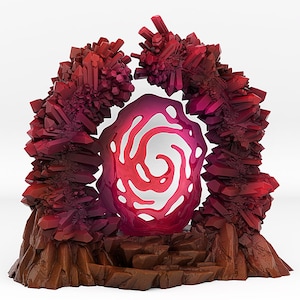 May include: A red crystal portal with a swirling pink and white center. The portal is surrounded by red crystal formations.