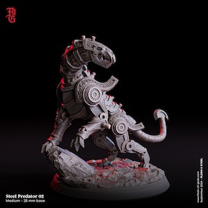 May include: A detailed, gray metal sculpture of a stylized, mechanical panther. The sculpture is posed in a dynamic, leaping stance with its mouth open, revealing sharp teeth. The panther is standing on a rocky base.