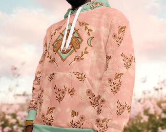 Bee & Daisy Pastel Hoodie / Unisex / Mint, Pink Tie-Dye + Gold / Boho, Fairycore, Cottagecore clothes / Bumblebee, Wildflowers, Moon