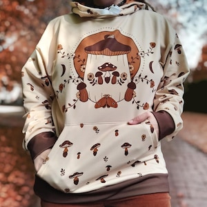 70s Retro Mushroom Hoodie | Unisex | Mush Love | Groovy Cottagecore Goblincore Clothes | Beige, Brown + Burnt Orange | Small - Plus Sizes image 1