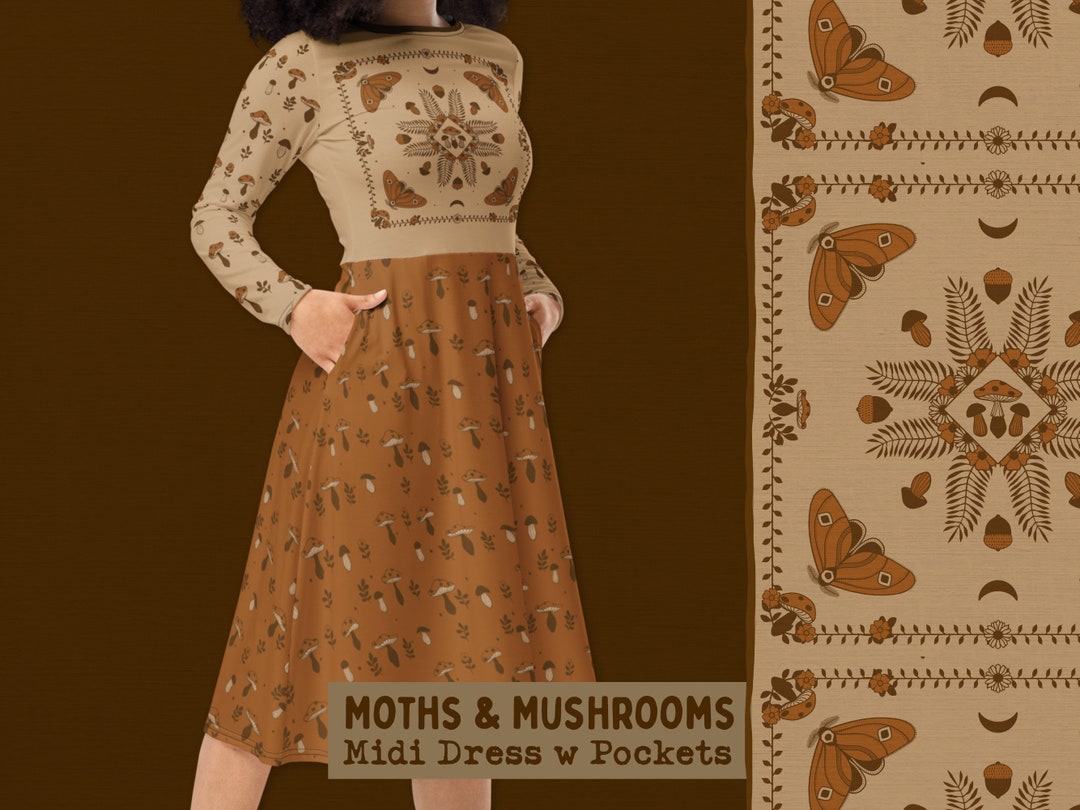 Moth & Mushroom Cottagecore Dress With Pockets / Beige Burnt Orange ...