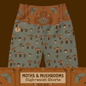 Boho Moth & Mushroom High-waisted Shorts | Booty Lifting Biker Style | Forestcore, Cottagecore, Goblincore clothing | Small - Plus Sizes