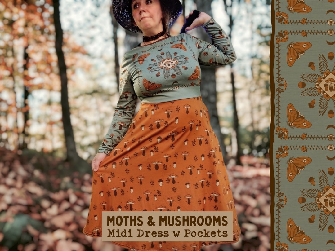 Moth & Mushroom Cottagecore Dress With Pockets / Burnt Orange Green ...