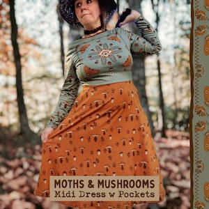 Moth & Mushroom Cottagecore Dress with Pockets / Burnt Orange + Green Goblincore Clothing/ Fall Fairycore/ Small - Plus Sizes