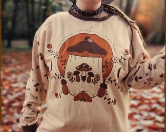 70s Retro Mushroom Sweatshirt | Unisex | Moth, Moon & Flowers art | Woodland Cottagecore fall Clothes | Beige, Brown, Burnt Orange |
