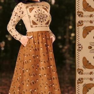 Moth & Mushroom Cottagecore Dress with Pockets / Beige + Burnt Orange Goblincore Clothing/ Fall Fairycore / Small - Plus Sizes