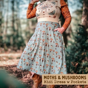 Moth & Mushroom Cottagecore Dress with Pockets / Beige, Burnt Orange, Sage Green Goblincore Clothing/ Fall Fairycore / Small - Plus Sizes