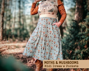 Moth & Mushroom Cottagecore Dress with Pockets / Beige, Burnt Orange, Sage Green Goblincore Clothing/ Fall Fairycore / Small - Plus Sizes