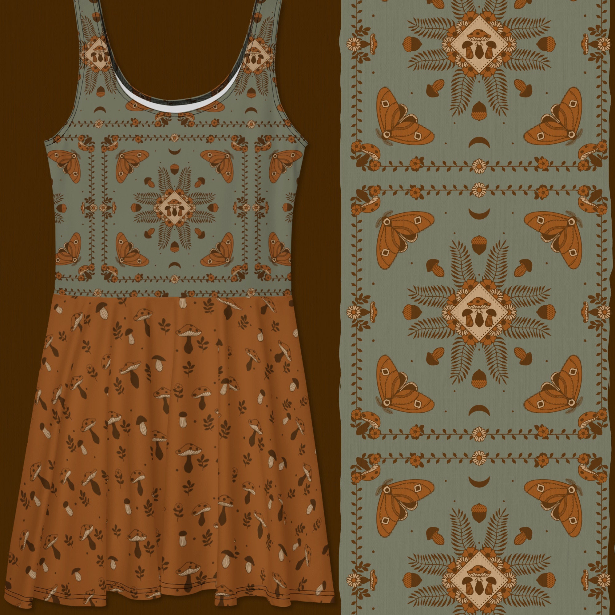 Dark Cottagecore Mushroom Moth Print Skater Dress