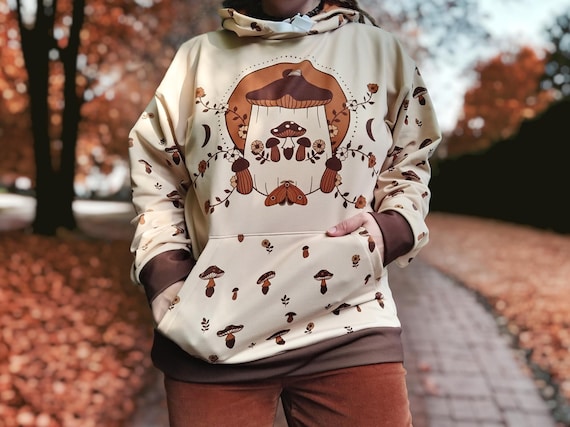 70s Retro Mushroom Hoodie | Unisex | Mush Love | Groovy Cottagecore Goblincore Clothes | Beige, Brown + Burnt Orange | Small - Plus Sizes