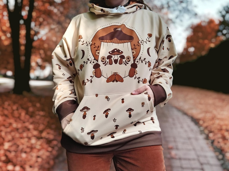 70s Retro Mushroom Hoodie | Unisex | Mush Love | Groovy Cottagecore Goblincore Clothes | Beige, Brown + Burnt Orange | Small - Plus Sizes image 1