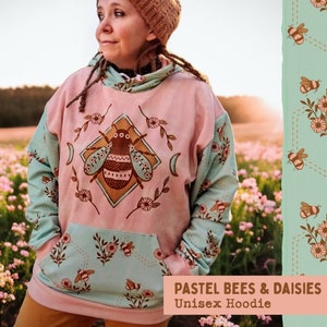 Pastel Bees & Daisies Hoodie | Unisex | Mint, Pink Tie-Dye, Gold, + Bronze | Fairycore, Cottagecore clothes | Bumblebee, Wildflowers, Moon