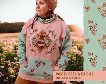 Pastel Bees & Daisies Hoodie | Unisex | Mint, Pink Tie-Dye, Gold, + Bronze | Fairycore, Cottagecore clothes | Bumblebee, Wildflowers, Moon
