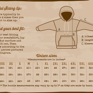May include: A chart showing unisex hoodie sizing in inches. The chart includes measurements for chest width, length, and sleeve length for sizes 2XS to 6XL.