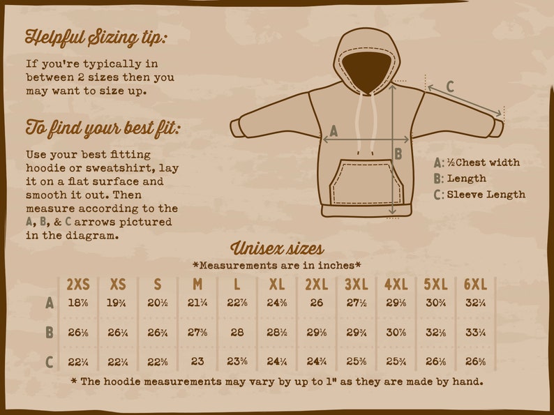 May include: A chart showing unisex hoodie sizing in inches. The chart includes measurements for chest width, length, and sleeve length for sizes 2XS to 6XL.