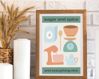 Retro Kitchen Poster Print. Matte vertical boho poster. Baking wall decor
