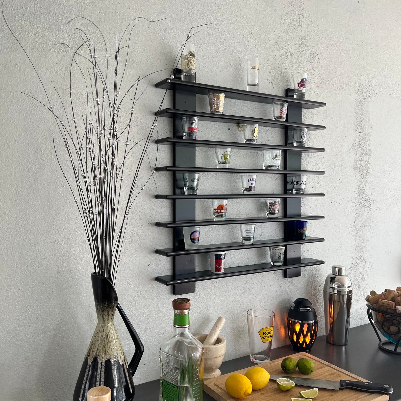 Shot Glass Display Shelf, Handmade Rack Holds 90 Shot Glasses, Bar