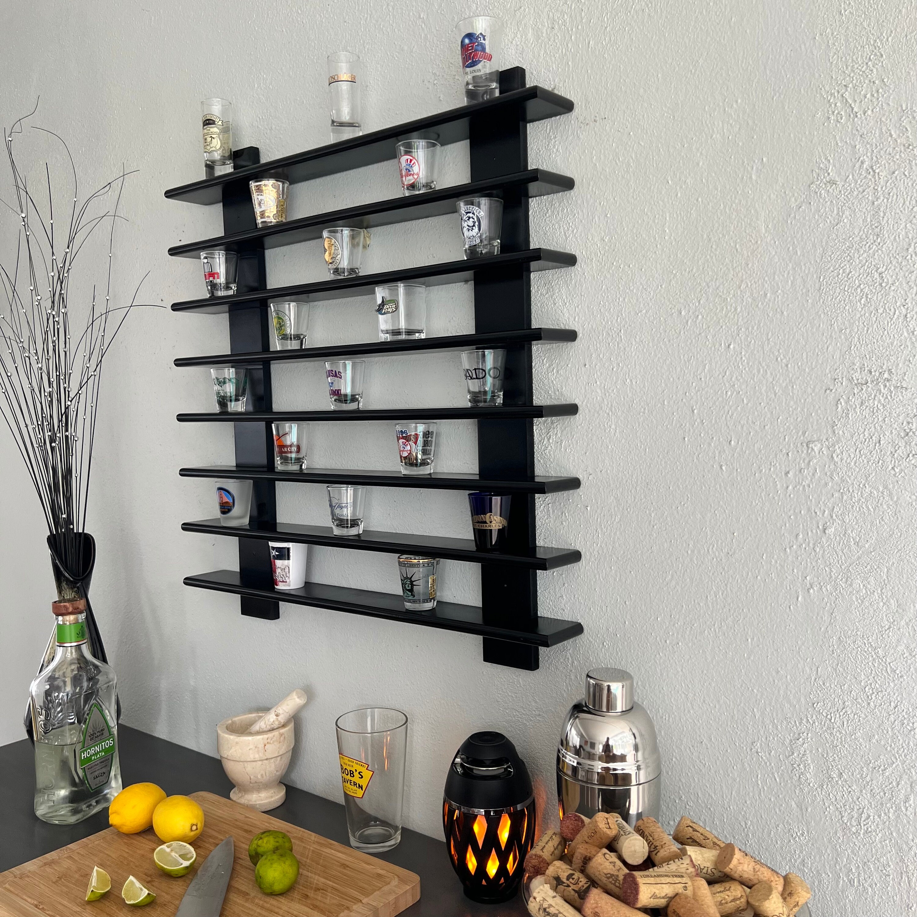 Shot Glass Display Shelf, Handmade Rack Holds 90 Shot Glasses, Bar