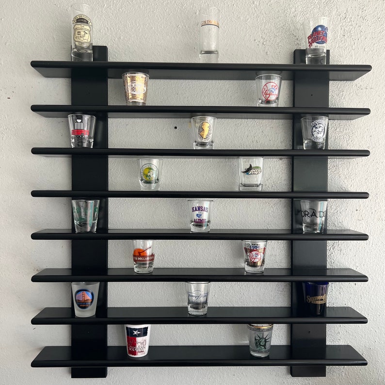 Shot Glass Display Shelf, Handmade Rack Holds 90 Shot Glasses, Bar