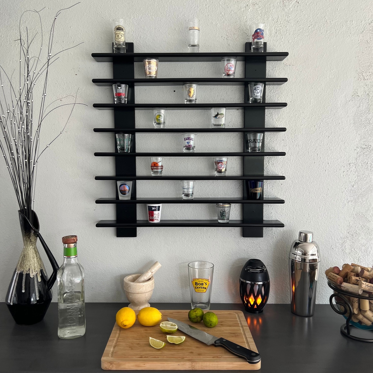 Shot Glass Display Shelf, Handmade Rack Holds 90 Shot Glasses, Bar