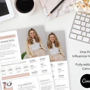Peut inclure: Mod&egrave;le de kit m&eacute;dia d'influenceur d'une page avec un sch&eacute;ma de couleurs rose et blanc. Le mod&egrave;le comprend une photo d'une femme, une section pour les informations d&eacute;mographiques et le public, une section pour les services et une section de contact. Le texte "One Page Influencer Media Kit" et "Enti&egrave;rement &eacute;ditable dans Canva" est affich&eacute; sur le mod&egrave;le. Le logo Canva est &eacute;galement affich&eacute;.